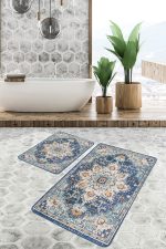 2'li Set Mavi Zeminde Otantik Motifli Uşak Desenli Avangarde Etnik Motifler  2'li Banyo & Mutfak Paspas Takımı Realhomes