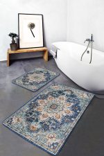 2'li Set Mavi Zeminde Otantik Motifli Uşak Desenli Avangarde Etnik Motifler  2'li Banyo & Mutfak Paspas Takımı Realhomes