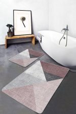 - PaspasTakimi-2li-Set1347-Gorsel-1 - Realhomes  2'li Set Pembe - Gri Zeminde Geometrik Motifli Üçgen Desenli Geometrik Modern  2'li Banyo & Mutfak Paspas Takımı Realhomes