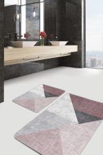 - PaspasTakimi-2li-Set1347-Gorsel-2 - Realhomes  2'li Set Pembe - Gri Zeminde Geometrik Motifli Üçgen Desenli Geometrik Modern  2'li Banyo & Mutfak Paspas Takımı Realhomes