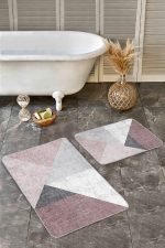 - Realhomes - Realhomes  2'li Set Pembe - Gri Zeminde Geometrik Motifli Üçgen Desenli Geometrik Modern  2'li Banyo & Mutfak Paspas Takımı Realhomes