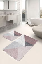 - PaspasTakimi-2li-Set1347-Gorsel-5 - Realhomes  2'li Set Pembe - Gri Zeminde Geometrik Motifli Üçgen Desenli Geometrik Modern  2'li Banyo & Mutfak Paspas Takımı Realhomes