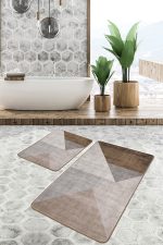 - PaspasTakimi-2li-Set1348-Gorsel-1 - Realhomes 2'li Set Kahverengi - Gri Zeminde Geometrik Motifli Üçgen Desenli Sade & Şık Geometrik 2'li Banyo & Mutfak Paspas Takımı Realhomes