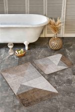 - Realhomes - Realhomes 2'li Set Kahverengi - Gri Zeminde Geometrik Motifli Üçgen Desenli Sade & Şık Geometrik 2'li Banyo & Mutfak Paspas Takımı Realhomes