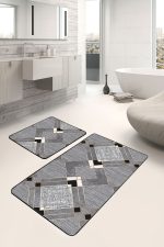 2'li Set Füme - Gri Zeminde Geometrik Motifli Kanvas Desenli Geometrik Sade & Şık  2'li Banyo & Mutfak Paspas Takımı Realhomes