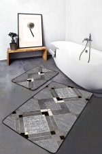2'li Set Füme - Gri Zeminde Geometrik Motifli Kanvas Desenli Geometrik Sade & Şık  2'li Banyo & Mutfak Paspas Takımı Realhomes