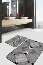 2'li Set Füme - Gri Zeminde Geometrik Motifli Kanvas Desenli Geometrik Sade & Şık  2'li Banyo & Mutfak Paspas Takımı Realhomes