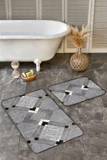 2'li Set Füme - Gri Zeminde Geometrik Motifli Kanvas Desenli Geometrik Sade & Şık  2'li Banyo & Mutfak Paspas Takımı Realhomes