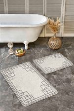 2'li Set Krem Zeminde Kilim Motifli Çerçeve Desenli Geometrik Klasik  2'li Banyo & Mutfak Paspas Takımı Realhomes