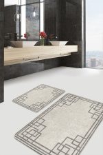 2'li Set Krem Zeminde Kilim Motifli Çerçeve Desenli Geometrik Klasik  2'li Banyo & Mutfak Paspas Takımı Realhomes