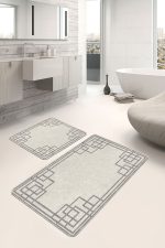2'li Set Krem Zeminde Kilim Motifli Çerçeve Desenli Geometrik Klasik  2'li Banyo & Mutfak Paspas Takımı Realhomes
