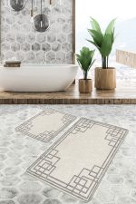 2'li Set Krem Zeminde Kilim Motifli Çerçeve Desenli Geometrik Klasik  2'li Banyo & Mutfak Paspas Takımı Realhomes