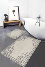 2'li Set Krem Zeminde Kilim Motifli Çerçeve Desenli Geometrik Klasik  2'li Banyo & Mutfak Paspas Takımı Realhomes