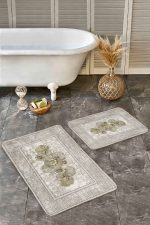 2'li Set Krem - Gold Zeminde Altık Çiçek Motifli Çerçeve Desenli Vintage Sade & Şık  2'li Banyo & Mutfak Paspas Takımı Realhomes