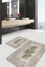 2'li Set Krem - Gold Zeminde Altık Çiçek Motifli Çerçeve Desenli Vintage Sade & Şık  2'li Banyo & Mutfak Paspas Takımı Realhomes