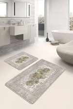 2'li Set Krem - Gold Zeminde Altık Çiçek Motifli Çerçeve Desenli Vintage Sade & Şık  2'li Banyo & Mutfak Paspas Takımı Realhomes