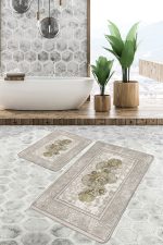 2'li Set Krem - Gold Zeminde Altık Çiçek Motifli Çerçeve Desenli Vintage Sade & Şık  2'li Banyo & Mutfak Paspas Takımı Realhomes