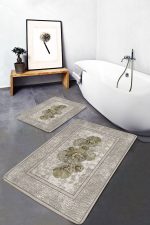 2'li Set Krem - Gold Zeminde Altık Çiçek Motifli Çerçeve Desenli Vintage Sade & Şık  2'li Banyo & Mutfak Paspas Takımı Realhomes