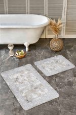 2'li Set Gri - Krem Zeminde Gri Çerçeve Motifli Eskitme Desenli Geometrik Eskitme Motifli  2'li Banyo & Mutfak Paspas Takımı Realhomes