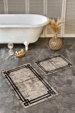 - Realhomes - Realhomes 2'li Set Kahverengi Zeminde Çerçeveli Motifli Antika Desenli Avangarde Sade & Şık 2'li Banyo & Mutfak Paspas Takımı Realhomes