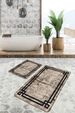 - PaspasTakimi-2li-Set1355-Gorsel-2 - Realhomes 2'li Set Kahverengi Zeminde Çerçeveli Motifli Antika Desenli Avangarde Sade & Şık 2'li Banyo & Mutfak Paspas Takımı Realhomes