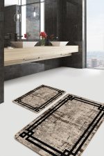 - PaspasTakimi-2li-Set1355-Gorsel-5 - Realhomes 2'li Set Kahverengi Zeminde Çerçeveli Motifli Antika Desenli Avangarde Sade & Şık 2'li Banyo & Mutfak Paspas Takımı Realhomes