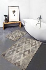 2'li Set Ekru - Bej Zeminde Baklava Motifli Eskitme Desenli Geometrik Eskitme Motifli  2'li Banyo & Mutfak Paspas Takımı Realhomes
