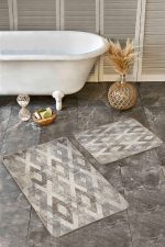 2'li Set Ekru - Bej Zeminde Baklava Motifli Eskitme Desenli Geometrik Eskitme Motifli  2'li Banyo & Mutfak Paspas Takımı Realhomes