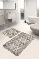 2'li Set Ekru - Bej Zeminde Baklava Motifli Eskitme Desenli Geometrik Eskitme Motifli  2'li Banyo & Mutfak Paspas Takımı Realhomes