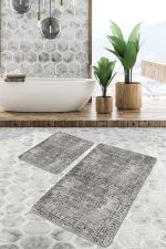 - PaspasTakimi-2li-Set1358-Gorsel-5 - Realhomes 2'li Set Siyah- Füme Zeminde Bohem Motifli Antika Desenli Eskitme Motifli Etnik Motifler 2'li Banyo & Mutfak Paspas Takımı Realhomes