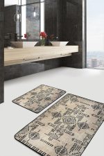 - PaspasTakimi-2li-Set1359-Gorsel-1 - Realhomes 2'li Set Krem - Siyah Zeminde Etnik Motifli Antika Desenli Etnik Motifler Vintage 2'li Banyo & Mutfak Paspas Takımı Realhomes