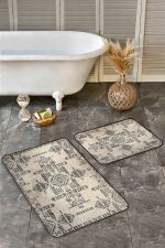 - Realhomes - Realhomes 2'li Set Krem - Siyah Zeminde Etnik Motifli Antika Desenli Etnik Motifler Vintage 2'li Banyo & Mutfak Paspas Takımı Realhomes