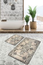 - PaspasTakimi-2li-Set1359-Gorsel-5 - Realhomes 2'li Set Krem - Siyah Zeminde Etnik Motifli Antika Desenli Etnik Motifler Vintage 2'li Banyo & Mutfak Paspas Takımı Realhomes