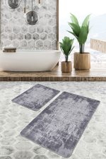 2'li Set Gri - Füme Zeminde Dokuma Motifli Antika Desenli Eskitme Motifli Sade & Şık  2'li Banyo & Mutfak Paspas Takımı Realhomes