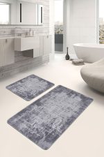 2'li Set Gri - Füme Zeminde Dokuma Motifli Antika Desenli Eskitme Motifli Sade & Şık  2'li Banyo & Mutfak Paspas Takımı Realhomes