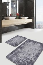 2'li Set Gri - Füme Zeminde Dokuma Motifli Antika Desenli Eskitme Motifli Sade & Şık  2'li Banyo & Mutfak Paspas Takımı Realhomes