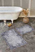 2'li Set Gri - Füme Zeminde Dokuma Motifli Antika Desenli Eskitme Motifli Sade & Şık  2'li Banyo & Mutfak Paspas Takımı Realhomes