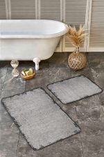 - Realhomes - Realhomes  2'li Set Gri Zeminde El Dokuma Motifli Antika Desenli Eskitme Motifli Sade & Şık  2'li Banyo & Mutfak Paspas Takımı Realhomes