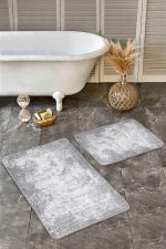 - Realhomes - Realhomes  2'li Set Gri - Beyaz Zeminde Eskitme Motifli Dokuma Desenli Eskitme Motifli Klasik  2'li Banyo & Mutfak Paspas Takımı Realhomes