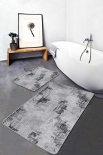 2'li Set Gri - Beyaz Zeminde Örgü Motifli Eskitme Desenli Eskitme Motifli Vintage  2'li Banyo & Mutfak Paspas Takımı Realhomes