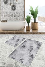 2'li Set Gri - Beyaz Zeminde Örgü Motifli Eskitme Desenli Eskitme Motifli Vintage  2'li Banyo & Mutfak Paspas Takımı Realhomes