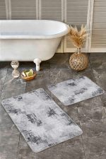 2'li Set Gri - Beyaz Zeminde Örgü Motifli Eskitme Desenli Eskitme Motifli Vintage  2'li Banyo & Mutfak Paspas Takımı Realhomes
