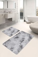 2'li Set Gri - Beyaz Zeminde Örgü Motifli Eskitme Desenli Eskitme Motifli Vintage  2'li Banyo & Mutfak Paspas Takımı Realhomes