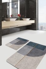 2'li Set Krem - Gri Zeminde Geometrik Motifli Kanvas Desenli Geometrik Sade & Şık  2'li Banyo & Mutfak Paspas Takımı Realhomes