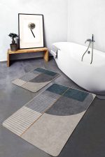 2'li Set Krem - Gri Zeminde Geometrik Motifli Kanvas Desenli Geometrik Sade & Şık  2'li Banyo & Mutfak Paspas Takımı Realhomes