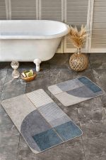 2'li Set Krem - Gri Zeminde Geometrik Motifli Kanvas Desenli Geometrik Sade & Şık  2'li Banyo & Mutfak Paspas Takımı Realhomes