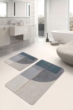 2'li Set Krem - Gri Zeminde Geometrik Motifli Kanvas Desenli Geometrik Sade & Şık  2'li Banyo & Mutfak Paspas Takımı Realhomes
