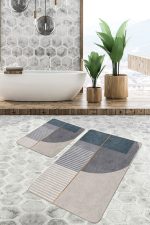 2'li Set Krem - Gri Zeminde Geometrik Motifli Kanvas Desenli Geometrik Sade & Şık  2'li Banyo & Mutfak Paspas Takımı Realhomes