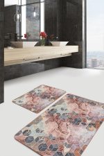 - PaspasTakimi-2li-Set1366-Gorsel-4 - Realhomes  2'li Set Altın - Pembe Zeminde Mozaik Motifli Mermer Desenli Geometrik Modern  2'li Banyo & Mutfak Paspas Takımı Realhomes