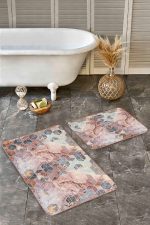 - Realhomes - Realhomes  2'li Set Altın - Pembe Zeminde Mozaik Motifli Mermer Desenli Geometrik Modern  2'li Banyo & Mutfak Paspas Takımı Realhomes